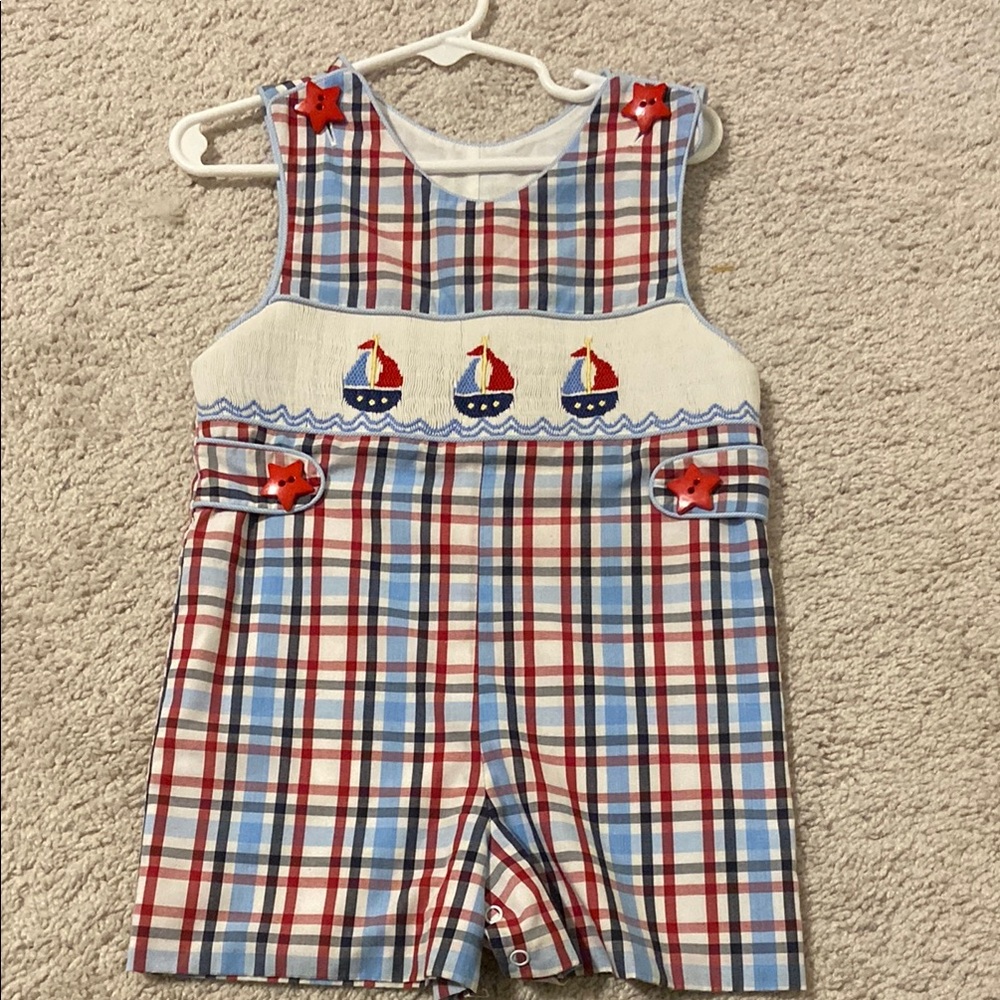 Three Sisters sailboat smocked Jon Jon. 18 months.